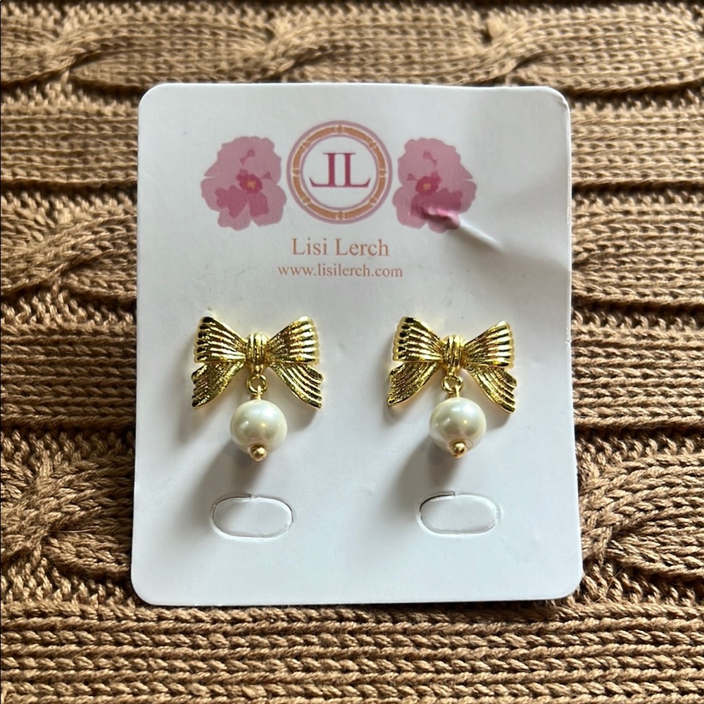 Gold and White Pearl Bow Earrings